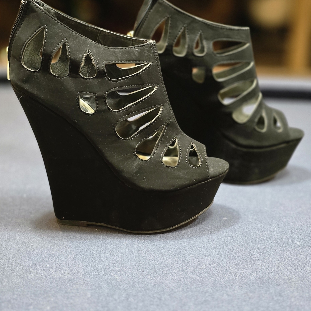 Dollhouse Black Cutout Wedge Heels